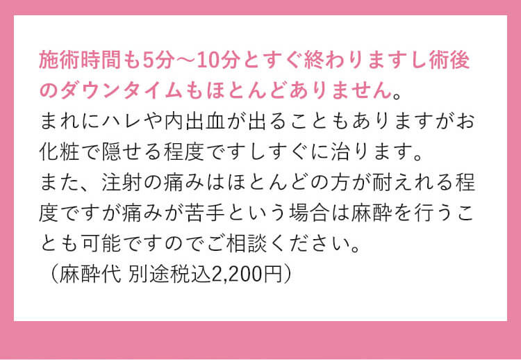 施術時間も5分～10分とすぐ終わりますし術後のダウンタイムいもほとんどありません