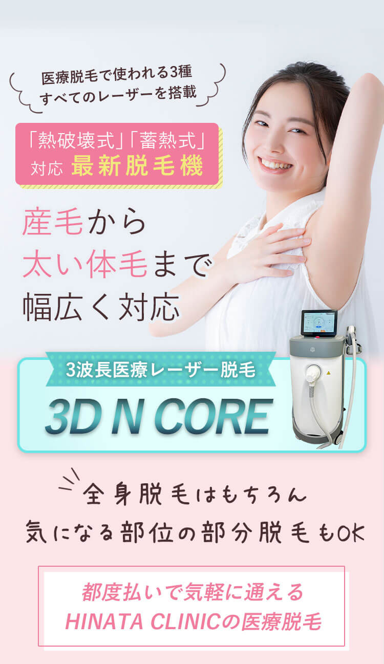 「熱破壊式」「蓄熱式」対応 2023年最新脱毛機 産毛から太い体毛まで幅広く対応 3D N CORE 全身脱毛はもちろん気になる部位の部分脱毛もOK